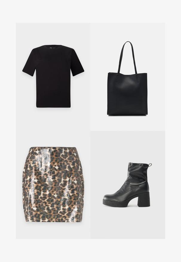 Black short-sleeve t-shirt with a round neckline, crafted from soft cotton fabric. Simple design, no visible logos or patterns.; Leopard print mini skirt featuring sequined texture, a fitted design, brown and black colors, and a straight hem.; Black ankle boots made of smooth leather, featuring a side zipper, chunky textured heel, and rounded toe design.; Black leather tote bag with smooth texture, rectangular shape, and two long handles. No visible hardware or embellishments.