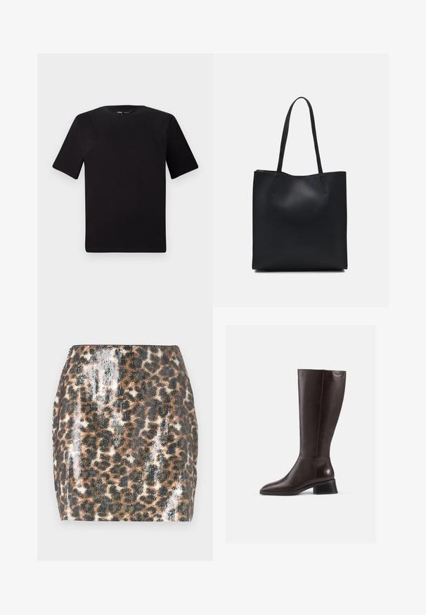 Black short-sleeve t-shirt with a round neckline, crafted from soft cotton fabric. Simple design, no visible logos or patterns.; Leopard print mini skirt featuring sequined texture, a fitted design, brown and black colors, and a straight hem.; Knee-high brown leather boots with a smooth finish, rounded toe, and a stacked black heel. Simple design with minimal hardware details.; Black leather tote bag with smooth texture, rectangular shape, and two long handles. No visible hardware or embellishments.
