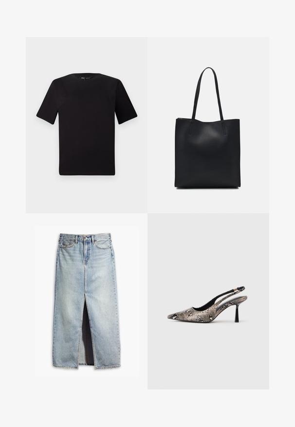 T-shirt noir à manches courtes avec un col rond, fabriqué en coton doux. Design simple, sans logos ni motifs visibles.; Jupe en denim bleu clair avec fente avant, design à cinq poches et fermeture à bouton. Présente un tissu délavé et des accents d'ourlet brut.; Chaussures slingback à bout pointu en matériau à imprimé serpent texturé, avec un talon noir fin et un design découpé sur les côtés.; Sac fourre-tout en cuir noir avec une texture lisse, de forme rectangulaire et deux longues poignées. Pas de matériel ou d'ornementations visibles.