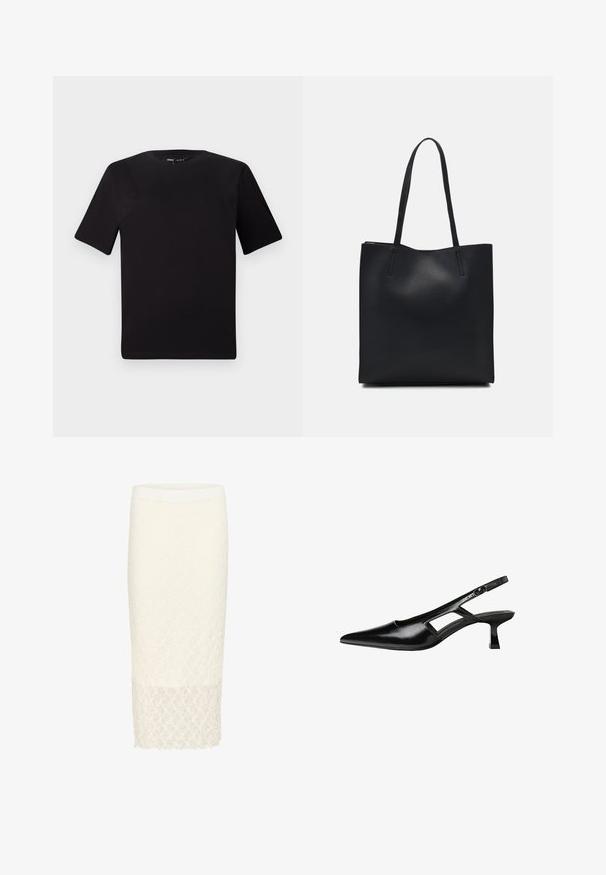 Schwarzes T-Shirt mit kurzen Ärmeln und Rundhalsausschnitt, aus weichem Baumwollmaterial gefertigt. Schlichtes Design, keine sichtbaren Logos oder Muster.; Weiße Spitzen-Bleistiftrock mit strukturiertem Blumendessin, knielang geschnitten und mit einem festen Bund ausgestattet. Glatte Verarbeitung am Saum.; Schwarze Lackleder-Slingback-High Heels mit spitzer Zehenform, ausgeschnittenem Seitendesign und kleinem Blockabsatz. Glatte Textur mit minimalen Akzenten.; Schwarze Laptoptasche aus Leder mit glatter Textur, rechteckiger Form und zwei langen Griffen. Keine sichtbaren Beschläge oder Verzierungen.