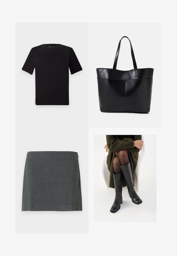 T-shirt noir à manches courtes avec un col rond, fabriqué en coton doux. Design simple, sans logos ni motifs visibles.; Jupe en damier noir et blanc en tissu à la texture lisse. Présente une silhouette droite et une fermeture éclair sur le côté.; Bottes en cuir noires arrivant au genou, avec un bout carré et un talon carré, présentées sur un modèle assis dans un manteau vert olive. Texture lisse, détails minimaux.; Sac fourre-tout en cuir noir avec deux longues poignées, une texture lisse et une forme structurée. Dispose d'une poche avant pour un rangement supplémentaire.