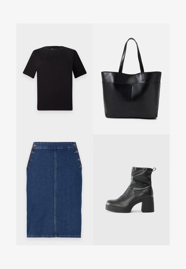 Svart t-skjorte med korte ermer og rund hals, laget av mykt bomullsstoff. Enkelt design, ingen synlige logoer eller mønstre.; Jeans blyantskjørt i mørkeblått med rett snitt, fem dekorative knapper på venstre side, og synlige sømmer langs sømmene.; Svarte ankelstøvler laget av glatt lær, med glidelås på siden, chunky strukturert hæl, og rund tå-design.; Svart lær toteveske med to lange håndtak, en glatt tekstur og en strukturert form. Har en frontlomme for ekstra oppbevaring.