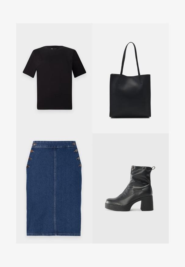 Czarna koszulka z krótkim rękawem o okrągłym dekolcie, wykonana z miękkiej bawełny. Prosty design, bez widocznych logo ani wzorów.; Jasnoniebieska spódnica ołówkowa z denimu w ciemnoniebieskim kolorze, z prostym krojem, pięcioma dekoracyjnymi guzikami po lewej stronie oraz widocznym szwem wzdłuż krawędzi.; Czarne botki za kostkę wykonane z gładkiej skóry, wyposażone w boczny zamek błyskawiczny, masywny teksturowany obcas oraz zaokrąglony czubek.; Czarna skórzana torba tote o gładkiej fakturze, prostokątnym kształcie i dwóch długich uchwytach. Brak widocznych elementów metalowych i ozdób.