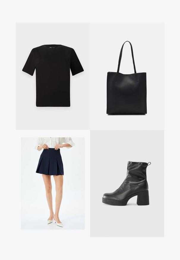 Schwarzes T-Shirt mit kurzen Ärmeln und Rundhalsausschnitt, aus weichem Baumwollmaterial gefertigt. Schlichtes Design, keine sichtbaren Logos oder Muster.; Marineblauer Faltenrock mit hohem Bund und glatter Textur, zeichnet sich durch scharfe Messerfalten und minimalistisches Design aus. Getragen mit weißen High Heels.; Schwarze Stiefeletten aus glattem Leder mit seitlichem Reißverschluss, klobigem strukturiertem Absatz und runder Zehenform.; Schwarze Laptoptasche aus Leder mit glatter Textur, rechteckiger Form und zwei langen Griffen. Keine sichtbaren Beschläge oder Verzierungen.