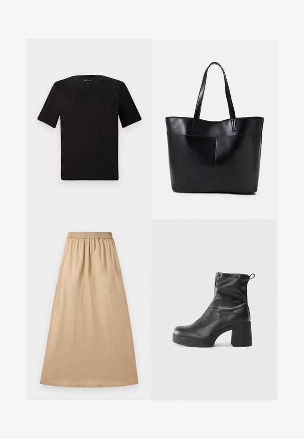 T-shirt noir à manches courtes avec un col rond, fabriqué en coton doux. Design simple, sans logos ni motifs visibles.; Jupe maxi beige en tissu léger, dotée d'une taille élastique et d'une texture lisse, avec un design droit et fluide.; Bottes noires à la cheville en cuir lisse, dotées d'une fermeture éclair sur le côté, d'un talon épais texturé et d'une conception à bout rond.; Sac fourre-tout en cuir noir avec deux longues poignées, une texture lisse et une forme structurée. Dispose d'une poche avant pour un rangement supplémentaire.