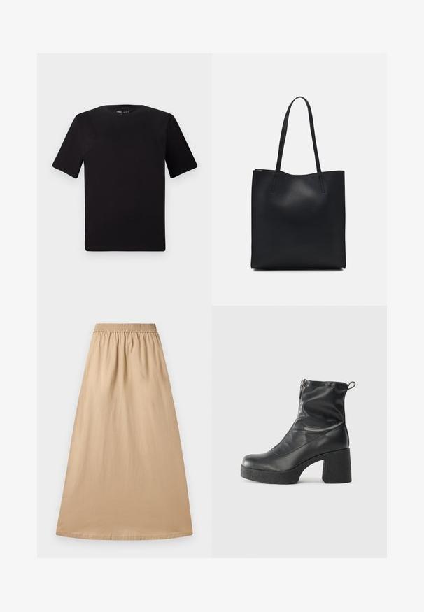 Czarna koszulka z krótkim rękawem o okrągłym dekolcie, wykonana z miękkiej bawełny. Prosty design, bez widocznych logo ani wzorów.; Beżowa spódnica maxi uszyta z lekkiego materiału, z elastycznym paskiem i gładką fakturą, o prostym, zwiewnym kroju.; Czarne botki za kostkę wykonane z gładkiej skóry, wyposażone w boczny zamek błyskawiczny, masywny teksturowany obcas oraz zaokrąglony czubek.; Czarna skórzana torba tote o gładkiej fakturze, prostokątnym kształcie i dwóch długich uchwytach. Brak widocznych elementów metalowych i ozdób.
