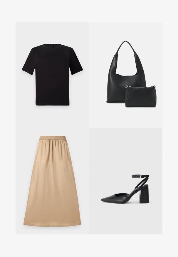 Svart kortärmad t-shirt med rund halsringning, tillverkad i mjukt bomullstyg. Enkelt mönster, utan synliga logotyper eller mönster.; Beige maxikjol gjord av lättviktsmaterial, med resårmidja och slät yta, i en rak, flödande design.; Svart läderpumps med spetsig tå, ankelrem och kraftig klack. Slät textur, stilren design och minimalistisk estetik.; Even&Odd Handväska - black