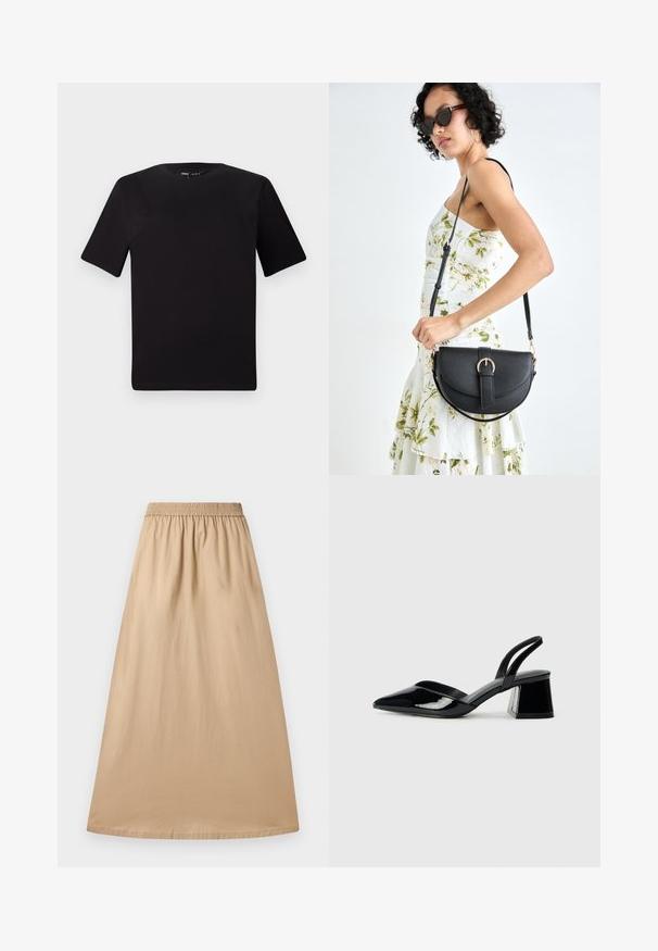 Svart kortärmad t-shirt med rund halsringning, tillverkad i mjukt bomullstyg. Enkelt mönster, utan synliga logotyper eller mönster.; Beige maxikjol gjord av lättviktsmaterial, med resårmidja och slät yta, i en rak, flödande design.; Svarta lackläder slingback klackar med spetsig tå och geometrisk klack. Har en elegant, minimalistisk design och slät yta.; Svart läderhandväska med en böjd form, avtagbar rem och guldiga detaljer. Väskan har ett lock med en spänndetalj.