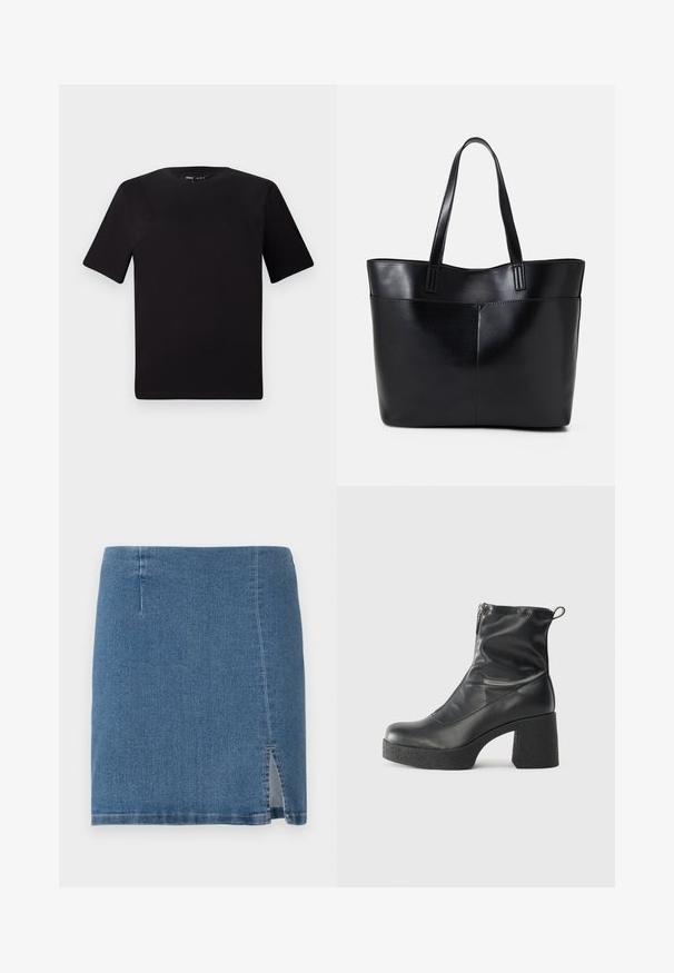 T-shirt preta de mangas curtas com decote redondo, feita de tecido de algodão suave. Design simples, sem logótipos ou padrões visíveis.; Saia mini de denim em azul médio, com um corte reto, leve abertura lateral e costura limpa ao longo da barra e das costuras.; Botas de tornozelo pretas feitas de couro liso, com fecho lateral, salto grosso texturizado e design de bico arredondado.; Bolsa tote preta em couro com duas alças longas, textura suave e forma estruturada. Apresenta um bolso frontal para armazenamento adicional.
