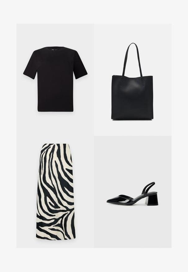 Črna majica s kratkimi rokavi in okroglim izrezom, izdelana iz mehkega bombažnega materiala. Preprost dizajn, brez vidnih logotipov ali vzorcev.; Maxi krilo z zebro in črno-belimi črtami z gladko teksturo, ki ima visok pas in ravno silhueto.; Črne lakirane slingback pete s koničastim nosom in geometrijsko blokasto peto. Imajo eleganten, minimalističen dizajn in gladko teksturo.; Črna usnjena torba s svilnato teksturo, pravokotne oblike in dvema dolgima ročajema. Brez vidnih metalnih delov ali okrasnih elementov.
