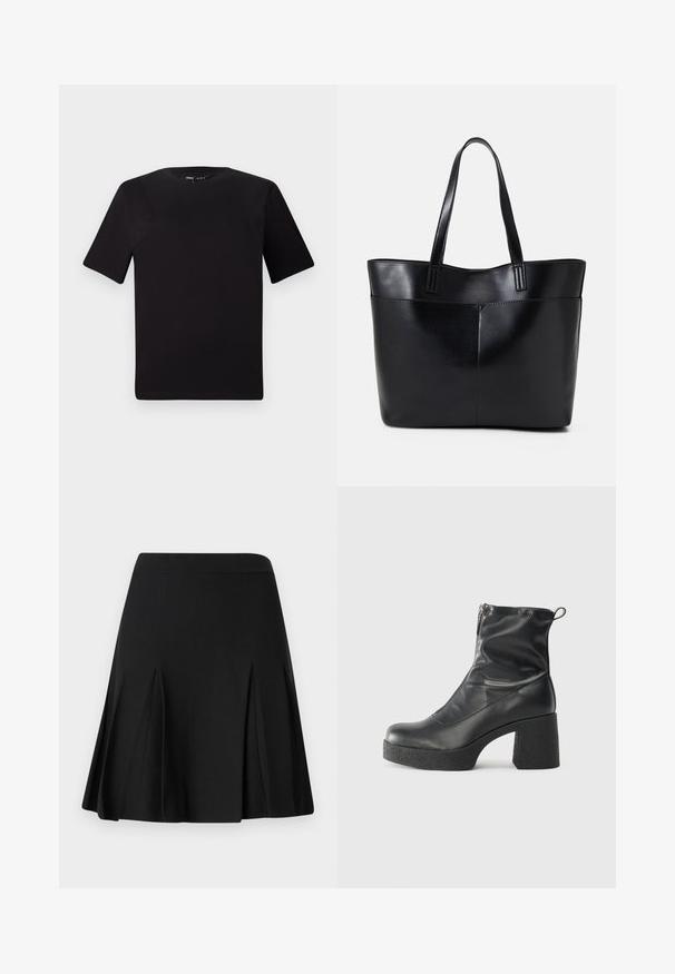 Juodas trumpas rankovės marškinėlis su apvaliu iškirpimu, pagamintas iš minkštos medvilnės medžiagos. Paprastas dizainas, be matomų logotipų ar raštų.; ONLY ONLLINE SKATER SKIRT - Trapecinis sijonas - black; Juodos kulkšninių botai, pagaminti iš lygaus odos, su šoniniu užtrauktuku, masyviu tekstūruotu kulnu ir apvaliu pirštu.; Juoda odinė rankinė su dviem ilgais diržais, lygiu paviršiumi ir struktūrizuota forma. Yra priekinė kišenė papildomam saugojimui.