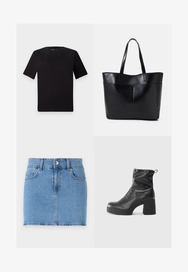 Juodas trumpas rankovės marškinėlis su apvaliu iškirpimu, pagamintas iš minkštos medvilnės medžiagos. Paprastas dizainas, be matomų logotipų ar raštų.; Šviesiai mėlyna džinsinė mini sijonas. Savybės: prigludusi forma, penkių kišenių stilius, mygtukų užtrauktukas ir tiesūs kraštai su nežymiu ištrynimu.; Juodos kulkšninių botai, pagaminti iš lygaus odos, su šoniniu užtrauktuku, masyviu tekstūruotu kulnu ir apvaliu pirštu.; Juoda odinė rankinė su dviem ilgais diržais, lygiu paviršiumi ir struktūrizuota forma. Yra priekinė kišenė papildomam saugojimui.