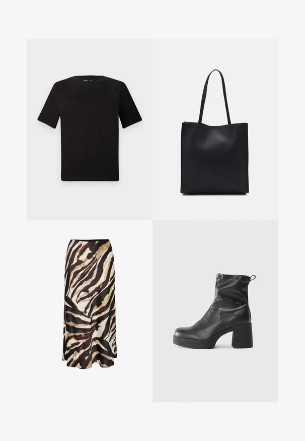 Sort kortærmet t-shirt med rund halsudskæring, lavet af blødt bomuldsstof. Enkel design, ingen synlige logoer eller mønstre.; Lang nederdel i let stof med et dristigt, abstrakt dyreprint i brune, sorte og cremefarver. Den har en glat tekstur og går til anklerne.; Sorte ankelstøvler lavet af glat læder, med en sidelukning, kraftig struktureret hæl og rundt tådesign.; Sort læder tote taske med glat tekstur, rektangulær form og to lange hanke. Ingen synlig hardware eller udsmykninger.