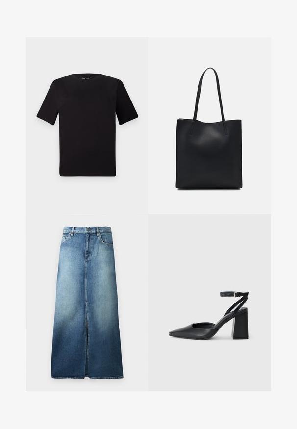 Fekete, rövid ujjú póló, kerek nyakkal, puha pamutból készült. Egyszerű dizájn, nincs látható logó vagy minta.; Fényes kékből sötét kékbe átmenetű farmer szoknya, elől hasítékkal, normál derékpánttal és egyenes vonalakkal, hemzsgő széllel.; Fekete bőr, hegyes orrú magassarkú cipő boka pánttal és vastag sarokkal. Sima textúra, elegáns dizájn és minimális esztétika.; Fekete bőrtáska sima felszínnel, téglalap alakú, két hosszú füllel. Nincs látható fémkiegészítő vagy díszítés.