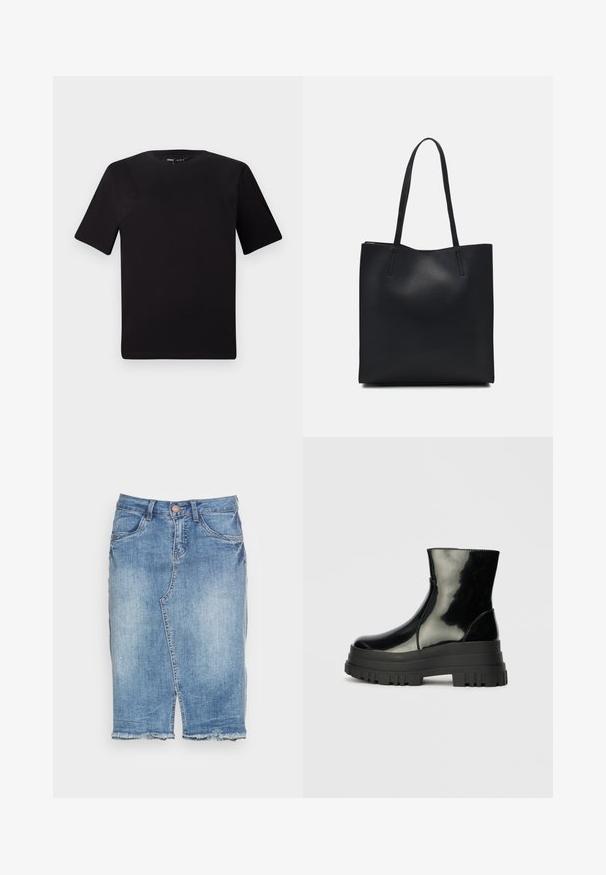 Černé tričko s krátkým rukávem a kulatým výstřihem, vyrobené z měkké bavlněné látky. Jednoduchý design, žádné viditelné logo nebo vzory.; Džínová sukně v světle modré, ke kolenům s rovný střih. Má roztrhaný lem a klasický design s pěti kapsami. Zapínání na knoflík a zip.; Černá lesklá kotníková bota s robustní podrážkou a zaoblenou špičkou, boční pohled na jednolitém světle šedém pozadí.; Černá kožená taška přes rameno s hladkým povrchem, obdélníkovým tvarem a dvěma dlouhými uchy. Žádné viditelné kování ani ozdoby.