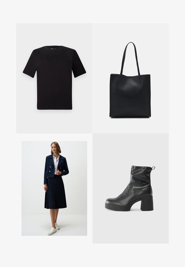 T-shirt nera a maniche corte con scollatura rotonda, realizzata in morbido cotone. Design semplice, senza loghi o motivi visibili.; Giacca doppiopetto blu navy, taglio cropped, con bottoni dorati, abbinata a una gonna plissettata blu navy e sneaker bianche. Tessuto a superficie liscia.; Stivali neri alla caviglia in pelle liscia, con zip laterale, tacco spesso e texture, e punta arrotondata.; Borsa tote in pelle nera con texture liscia, forma rettangolare e due manici lunghi. Nessun hardware o decorazione visibile.