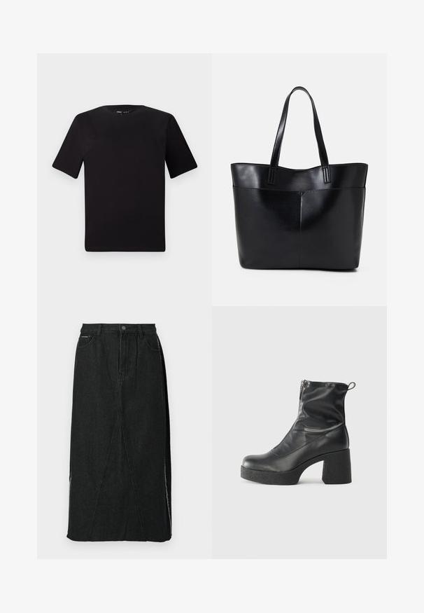 Tricou scurt negru cu mânecă scurtă și guler rotund, realizat dintr-un material de bumbac moale. Design simplu, fără logo-uri sau modele vizibile.; Fustă din denim negru cu talie înaltă, croială dreaptă și cusături unice în unghi. Prezintă fante laterale și sistem de închidere cu nasture la talie.; Bocanci negri de glezna din piele netedă, cu fermoar lateral, toc texturat și masiv, și design cu vârf rotund.; Geantă oversized din piele neagră, cu două mânere lungi, de textură netedă și formă structurată. Are un buzunar frontal pentru stocare suplimentară.