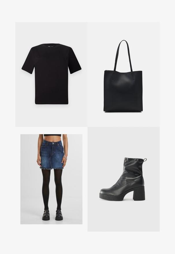 Musta lyhythihainen t-paita pyöreällä kaula-aukolla, valmistettu pehmeästä puuvillakankaasta. Yksinkertainen malli, ei näkyviä logoja tai kuvioita.; Denim midi hame, jonka reunat ovat kuluneet, korkea vyötärö, etutaskut ja sininen väri. Yhdistetty mustiin tiukkoihin sukkahousuihin ja paksupohjaisiin mustiin kenkiin.; Mustat nilkkurit, jotka on valmistettu sileästä nahasta. Niissä on sivuvetoketju, paksu teksturoitu korko ja pyöristetty kärki.; Mustapahkainen kangaskassi, jossa on sileä pinta, suorakaiteen muotoinen ja kaksi pitkää kahvaa. Ei näkyvää metalliosaa tai koristeita.