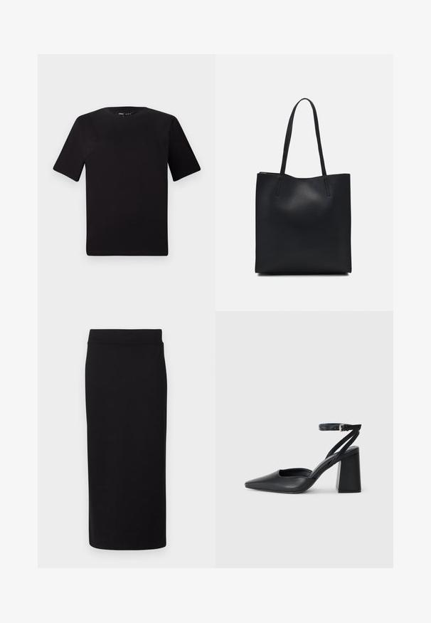 Juodas trumpas rankovės marškinėlis su apvaliu iškirpimu, pagamintas iš minkštos medvilnės medžiagos. Paprastas dizainas, be matomų logotipų ar raštų.; Juodas kelių ilgio sijonas, pagamintas iš minkštos, elastingos medžiagos. Apsirūpinęs be siūlių juosmeniu ir prigludusia siluetu su lygia tekstūra.; Juoda odinė smailiagalė aukštakulnio bateliai su kulkšnies dirželiu ir storu kulnu. Lygus paviršius, elegantiškas dizainas ir minimalistiška estetinė. ; Juodas odinis tote krepšys su lygia tekstūra, stačiakampio formos ir dviem ilgais rankenomis. Matomų metalinių detalių ar puošybos nėra.