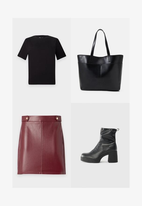 Czarna koszulka z krótkim rękawem o okrągłym dekolcie, wykonana z miękkiej bawełny. Prosty design, bez widocznych logo ani wzorów.; Bordowa skórzana mini spódnica o gładkiej teksturze, z dopasowanym krojem, bocznymi panelami i dwoma złotymi guzikami w talii.; Czarne botki za kostkę wykonane z gładkiej skóry, wyposażone w boczny zamek błyskawiczny, masywny teksturowany obcas oraz zaokrąglony czubek.; Czarna skórzana torba na ramię z dwoma długimi uchwytami, gładką teksturą i sztywną formą. Posiada przednią kieszeń dla dodatkowego przechowywania.