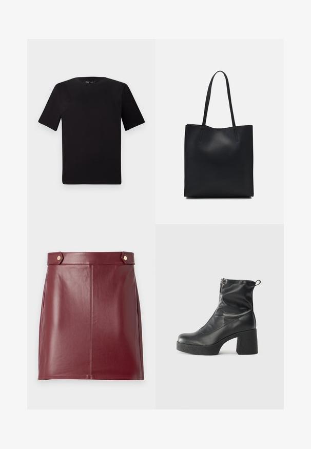 Sort kortærmet t-shirt med rund halsudskæring, lavet af blødt bomuldsstof. Enkel design, ingen synlige logoer eller mønstre.; Burgundy læder mini nederdel med en glat tekstur, der har et tætsiddende design, sidepaneler og to guldtonede knapper i taljen.; Sorte ankelstøvler lavet af glat læder, med en sidelukning, kraftig struktureret hæl og rundt tådesign.; Sort læder tote taske med glat tekstur, rektangulær form og to lange hanke. Ingen synlig hardware eller udsmykninger.