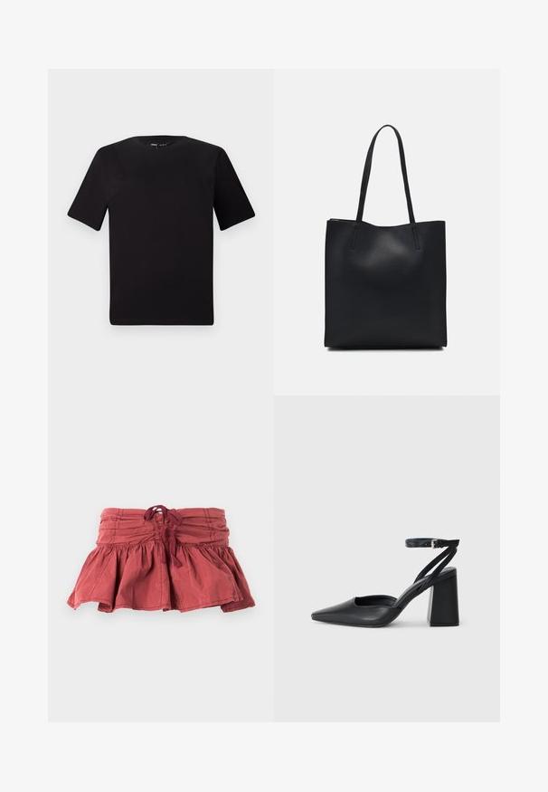 Črna majica s kratkimi rokavi in okroglim izrezom, izdelana iz mehkega bombažnega materiala. Preprost dizajn, brez vidnih logotipov ali vzorcev.; Rdeča mini krila z zavezo v pasu, s krožnim oblikovanjem in teksturirano tkanino. Gladek zaključek z rahlimi gubanji.; Črne usnjene klasične čevlje z ostrim nosom, z zaponko za gleženj in debelim peto. Ravna tekstura, eleganten dizajn in minimalistična estetika.; Črna usnjena torba s svilnato teksturo, pravokotne oblike in dvema dolgima ročajema. Brez vidnih metalnih delov ali okrasnih elementov.