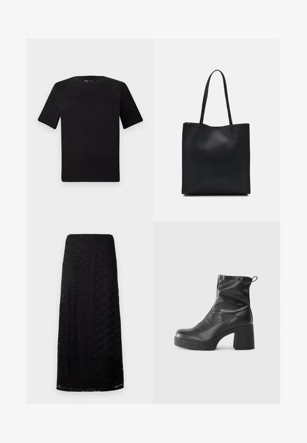 Svart kortärmad t-shirt med rund halsringning, tillverkad i mjukt bomullstyg. Enkelt mönster, utan synliga logotyper eller mönster.; Svart spets midi kjol med blommönster, rak passform och subtil textur, visad mot en enkel vit bakgrund.; Svarta ankelstövlar i slitstark läder, med sidodragkedja, kraftig strukturerad klack och rundad tådesign.; Svart lädertoffelväska med slät textur, rektangulär form och två långa handtag. Ingen synlig hårdvara eller dekorationer.
