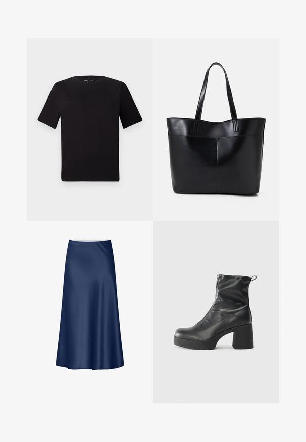 Juodas trumpas rankovės marškinėlis su apvaliu iškirpimu, pagamintas iš minkštos medvilnės medžiagos. Paprastas dizainas, be matomų logotipų ar raštų.; Tamsiai mėlynos satino A formos sijonas su lygiu paviršiumi, tekamu dizainu ir vidutinio ilgio kraštu. Yra švarus juosmuo be papildomų akcentų.; Juodos kulkšninių botai, pagaminti iš lygaus odos, su šoniniu užtrauktuku, masyviu tekstūruotu kulnu ir apvaliu pirštu.; Juoda odinė rankinė su dviem ilgais diržais, lygiu paviršiumi ir struktūrizuota forma. Yra priekinė kišenė papildomam saugojimui.