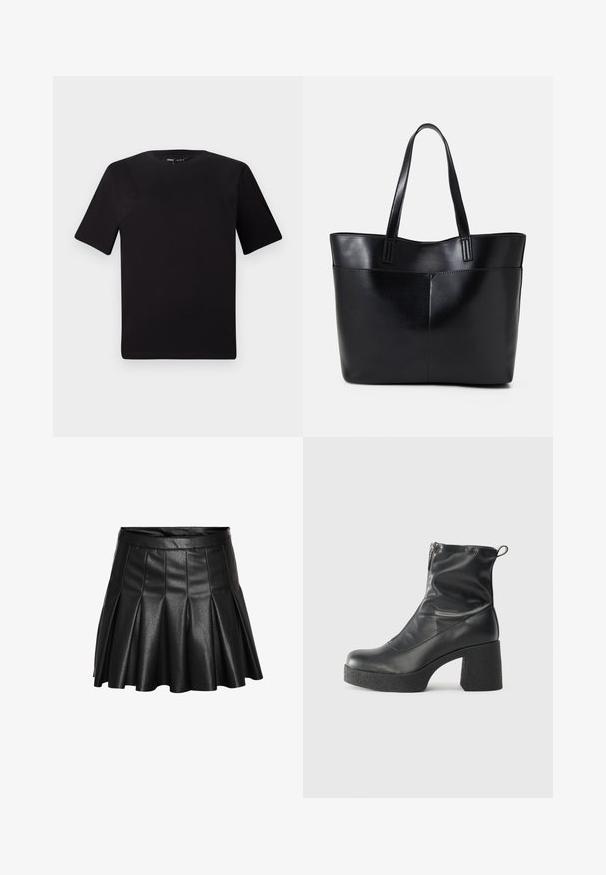 Svart t-skjorte med korte ermer og rund hals, laget av mykt bomullsstoff. Enkelt design, ingen synlige logoer eller mønstre.; Svart plissett nederdel laget av kunstskinn, med tilpasset midje og utsvingt kant. Glatt tekstur med en jevn, blank finish.; Svarte ankelstøvler laget av glatt lær, med glidelås på siden, chunky strukturert hæl, og rund tå-design.; Svart lær toteveske med to lange håndtak, en glatt tekstur og en strukturert form. Har en frontlomme for ekstra oppbevaring.