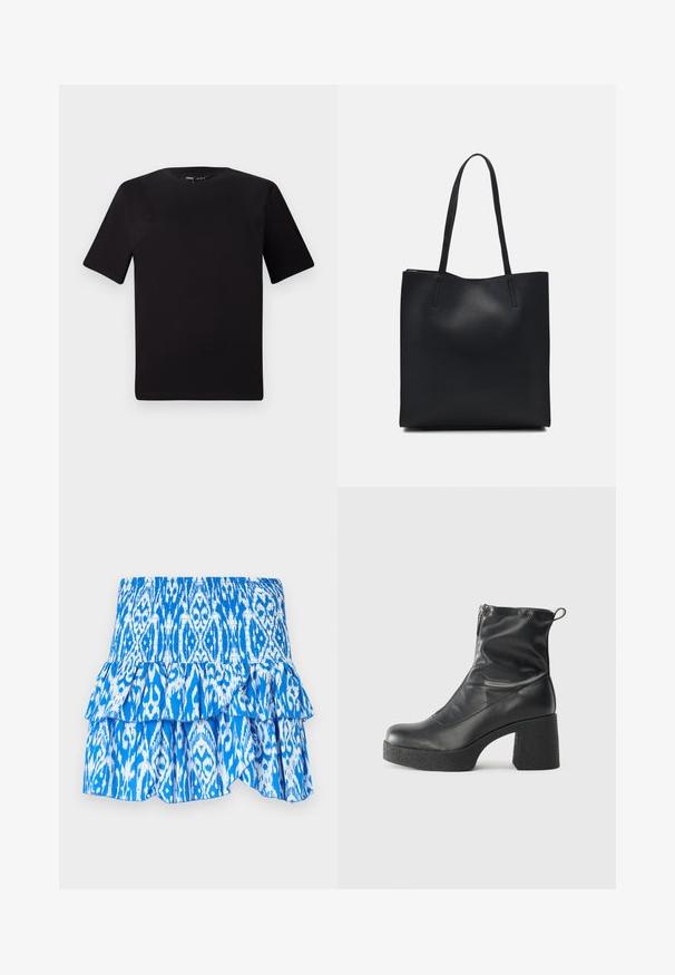 T-shirt preta de mangas curtas com decote redondo, feita de tecido de algodão suave. Design simples, sem logótipos ou padrões visíveis.; Saia azul e branca com padrão, com cintura elástica, barra em camadas com babados e tecido leve. Apresenta um design no estilo ikat.; Botas de tornozelo pretas feitas de couro liso, com fecho lateral, salto grosso texturizado e design de bico arredondado.; Bolsa tote preta em couro com textura lisa, forma retangular e duas alças longas. Sem hardware ou enfeites visíveis.