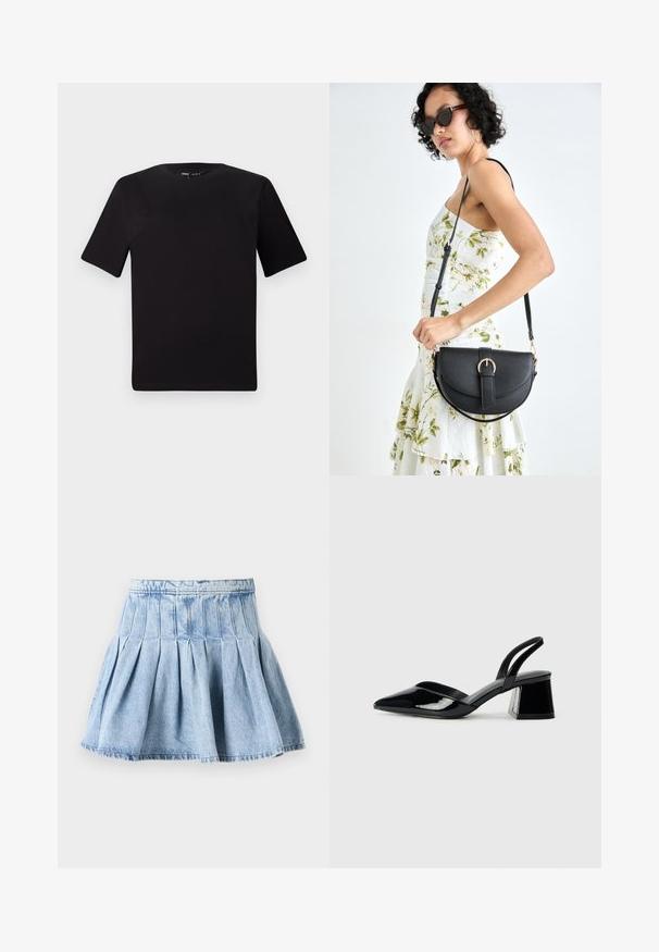Tricou scurt negru cu mânecă scurtă și guler rotund, realizat dintr-un material de bumbac moale. Design simplu, fără logo-uri sau modele vizibile.; Fustă din denim de culoare bleu deschis, cu un design complet plisat și talie. Materialul are o textură subtilă, cu detalii de cusătură vizibile.; Pantofi cu toc slingback din piele lacuită neagră, cu vârf ascuțit și toc geometric. Prezintă un design elegant, minimalist și o textură netedă.; Geantă din piele neagră, cu o formă curbată, curea detașabilă și accesorii aurii. Geanta are un capac cu un detaliu tip cataramă.