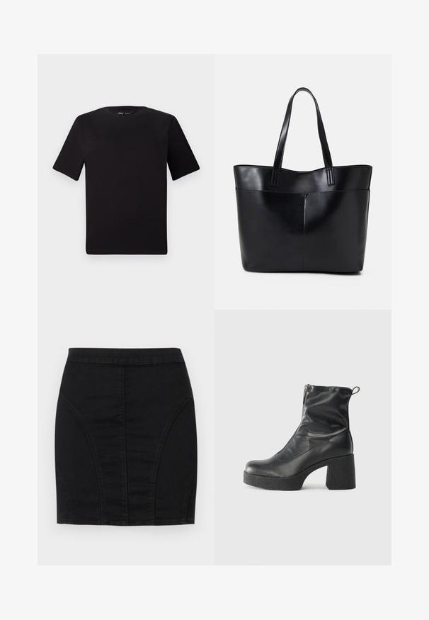 Crna majica kratkih rukava s okruglim izrezom, izrađena od mekane pamučne tkanine. Jednostavan dizajn, bez vidljivih logotipa ili uzoraka.; Crna traper suknja mini dužine s prilagođenim dizajnom, strukturiranim panelima i vidljivim šavovima za dodatni detalj. Glatka tekstura i elegantna silueta.; Crne gležnjače od glatke kože, s bočnim zatvaračem, debelim teksturiranim potplatom i dizajnom s zaobljenim prstima.; Crna kožna torba s dugim ručkama, glatkom teksturom i strukturiranim oblikom. Ima prednju džep za dodatno pohranu.