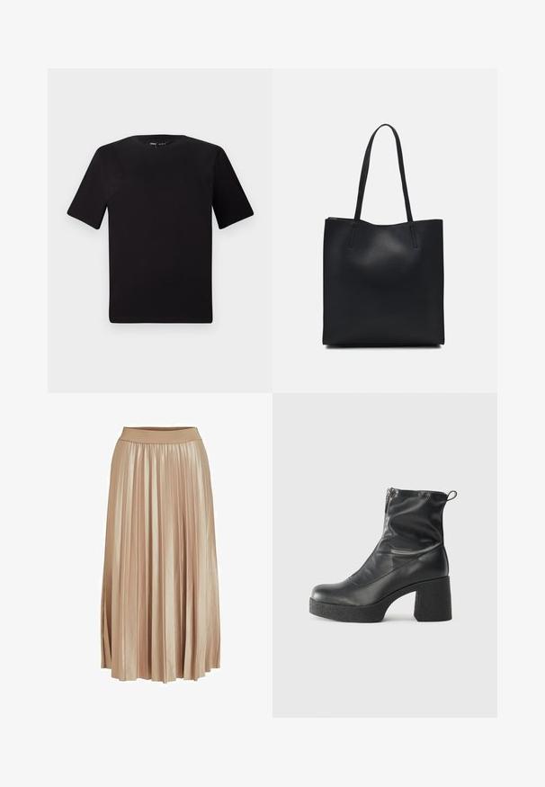 Schwarzes T-Shirt mit kurzen Ärmeln und Rundhalsausschnitt, aus weichem Baumwollmaterial gefertigt. Schlichtes Design, keine sichtbaren Logos oder Muster.; Faltender Midirock aus leicht beigem Satin. Verfügt über einen breiten, elastischen Bund und elegante vertikale Falten über die gesamte Länge.; Schwarze Stiefeletten aus glattem Leder mit seitlichem Reißverschluss, klobigem strukturiertem Absatz und runder Zehenform.; Schwarze Laptoptasche aus Leder mit glatter Textur, rechteckiger Form und zwei langen Griffen. Keine sichtbaren Beschläge oder Verzierungen.