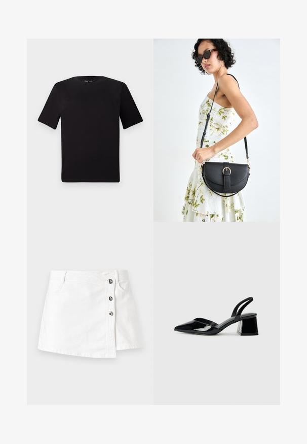 Čierne tričko s krátkym rukávom a okrúhlym výstrihom, vyrobené z mäkkej bavlny. Jednoduchý dizajn, bez viditeľných log alebo vzorov.; Biele denim mini sukne s rovnym strihom, s postranným zapínaním na štyri kovové gombíky a jemne zvinutým lemom.; Čierne lakované kožené sandálové podpätky s špicatou špičkou a geometrickým blokovým podpätkom. Disponujú elegantným, minimalistickým dizajnom a hladkým povrchom.; Čierna kožená kabelka s zaobleným tvarom, odnímateľným popruhom a zlatými doplnkami. Kabelka má klopu s detailom s prackou.