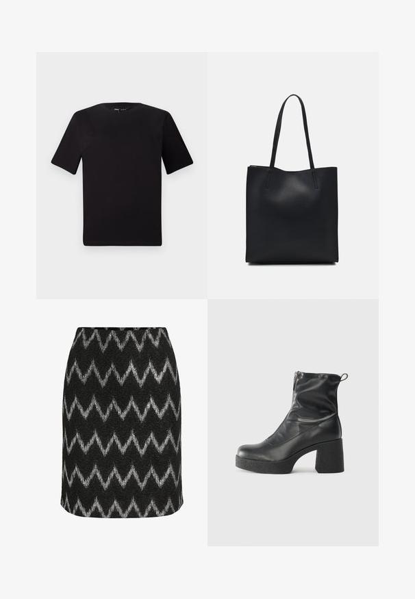 T-shirt preta de mangas curtas com decote redondo, feita de tecido de algodão suave. Design simples, sem logótipos ou padrões visíveis.; Saia preta com padrão em zigzag prateado, confeccionada em tecido texturizado com silhueta ajustada e bainha reta.; Botas de tornozelo pretas feitas de couro liso, com fecho lateral, salto grosso texturizado e design de bico arredondado.; Bolsa tote preta em couro com textura lisa, forma retangular e duas alças longas. Sem hardware ou enfeites visíveis.