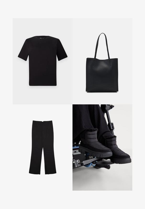 Sort kortærmet t-shirt med rund halsudskæring, lavet af blødt bomuldsstof. Enkel design, ingen synlige logoer eller mønstre.; Sorte bukser med lige pasform, der har frontlommer og slidser i kanten. Lavet af blødt, glat stof. Velegnet til forskellige anledninger.; Sorte vandtætte ankelstøvler med kviltet tekstur, blød pelskant og en tyk, robust sål, sat mod en baggrund af kørestol.; Sort læder tote taske med glat tekstur, rektangulær form og to lange hanke. Ingen synlig hardware eller udsmykninger.