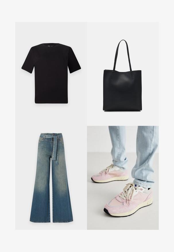 T-shirt preta de mangas curtas com decote redondo, feita de tecido de algodão suave. Design simples, sem logótipos ou padrões visíveis.; Calças de ganga de perna larga com um gradiente de azul claro a escuro, cintura alta, passantes para cinto e um cinto de tecido a condizer. Acabamento em ganga texturizada.; Sapatilhas de camurça e malha cor-de-rosa com realces cinzentos claros, atacadores creme e uma entressola amarela, apresentando uma sola preta e detalhes de marca.; Bolsa tote preta em couro com textura lisa, forma retangular e duas alças longas. Sem hardware ou enfeites visíveis.