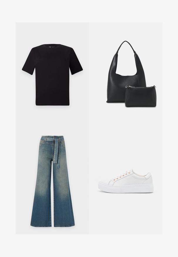 Schwarzes T-Shirt mit kurzen Ärmeln und Rundhalsausschnitt, aus weichem Baumwollmaterial gefertigt. Schlichtes Design, keine sichtbaren Logos oder Muster.; Weit geschnittene Denim-Hosen mit einem Farbverlauf von hellblau zu dunkelblau, hoher Taille, Gürtelschlaufen und einem passenden Stoffgürtel. Strukturierte Denim-Oberfläche.; Weiße Sneaker mit Obermaterial aus glattem Leder, runder Zehenpartie und dicker, weißer Sohle. Verfügt über sechs goldene Ösen für die Schnürsenkel und dezente Seitennaht.; Even&Odd Handtasche - black