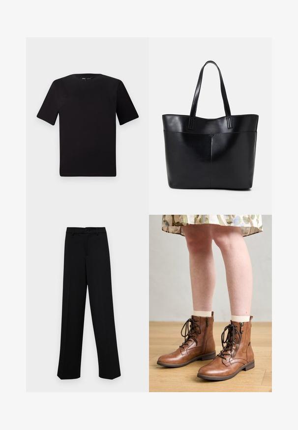 Crna majica kratkih rukava s okruglim izrezom, izrađena od mekane pamučne tkanine. Jednostavan dizajn, bez vidljivih logotipa ili uzoraka.; Crne široke hlače od glatkog materijala, s klasičnim pojasom koji se zatvara dugmetom i prednjim naborima.; Smeđe kožne gležnjače s detaljima čipke i zatvarača. Imaju okrugli vrh i nisku petu, uparene s krem čarapama i cvjetnom suknjom.; Crna kožna torba s dugim ručkama, glatkom teksturom i strukturiranim oblikom. Ima prednju džep za dodatno pohranu.