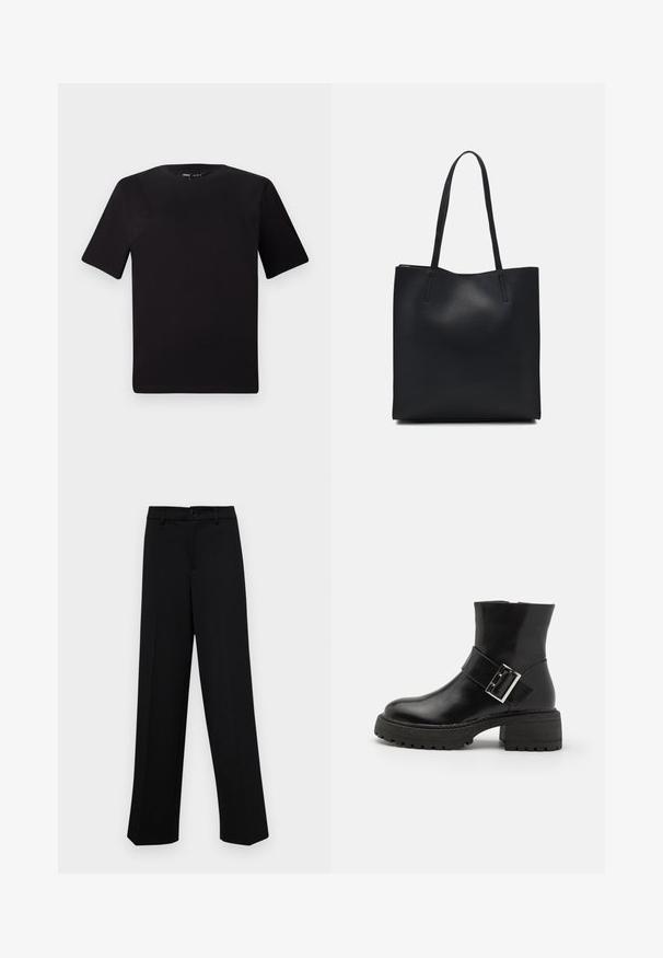 Black short-sleeve t-shirt with a round neckline, crafted from soft cotton fabric. Simple design, no visible logos or patterns.; Black wide-leg trousers made of smooth fabric, featuring a classic waistband with a button closure and front pleats.; Black leather ankle boots with a block heel, featuring a decorative strap and buckle detail, textured outsole, and smooth finish.; Black leather tote bag with smooth texture, rectangular shape, and two long handles. No visible hardware or embellishments.