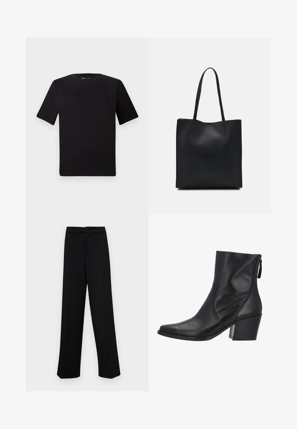 Camiseta negra de manga corta con cuello redondo, fabricada en suave algodón. Diseño simple, sin logos ni patrones visibles.; Pantalones de pierna ancha negros, hechos de un tejido suave, con una cintura clásica que incluye un cierre de botón y pliegues frontales.; Bota de cuero negro hasta el tobillo con punta afilada y tacón cuadrado de altura media. Presenta un cierre lateral con cremallera y un sutil detalle de costura.; Bolso tote de cuero negro con textura lisa, forma rectangular y dos asas largas. Sin herrajes ni adornos visibles.