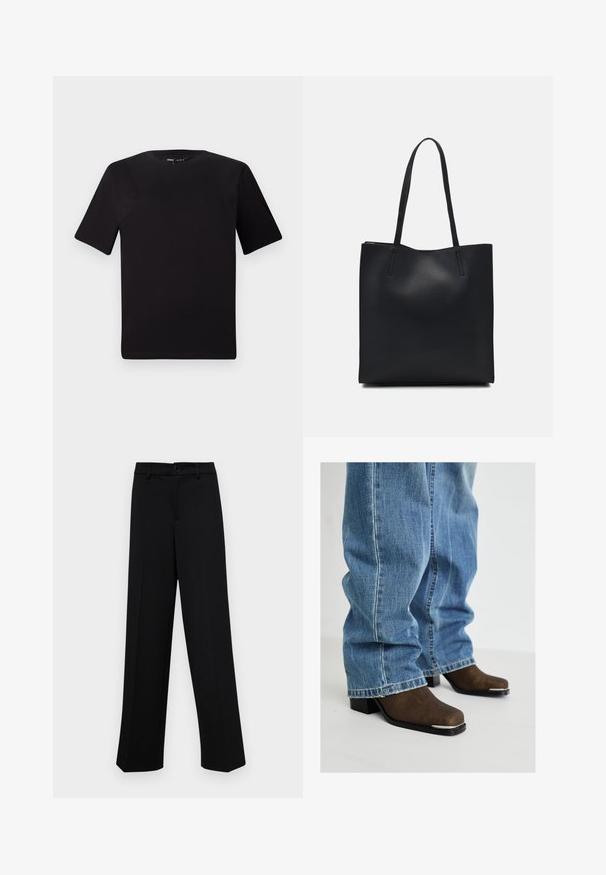 Black short-sleeve t-shirt with a round neckline, crafted from soft cotton fabric. Simple design, no visible logos or patterns.; Black wide-leg trousers made of smooth fabric, featuring a classic waistband with a button closure and front pleats.; Brown leather ankle boots with square toes, black heels, and silver accents, paired with light blue denim jeans featuring a relaxed fit.; Black leather tote bag with smooth texture, rectangular shape, and two long handles. No visible hardware or embellishments.
