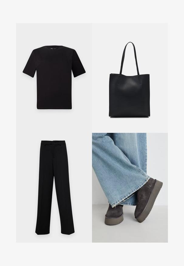 Must olema lühikeste varrukatega must t-särk ümmarguse kaelusega, valmistatud pehmest puuvillast kangast. Lihtne disain, ilma nähtavate logode või mustriteta.; Musta laiad püksid siledast kangast, millel on klassikaline vöökoht, nööbiga sulgemine ja ees voldid.; Hallide hallide nahkpüksid pakse, soonilisi kummitaldu. Kingadel on külgsi sulgurdetail. Need on kombineeritud laia helesinise teksapükste paariga.; Mustast nahast kott sujuva tekstuuriga, ristkülikukujuline ja kahe pika sangaga. Pole nähtavat riistvara ega kaunistusi.