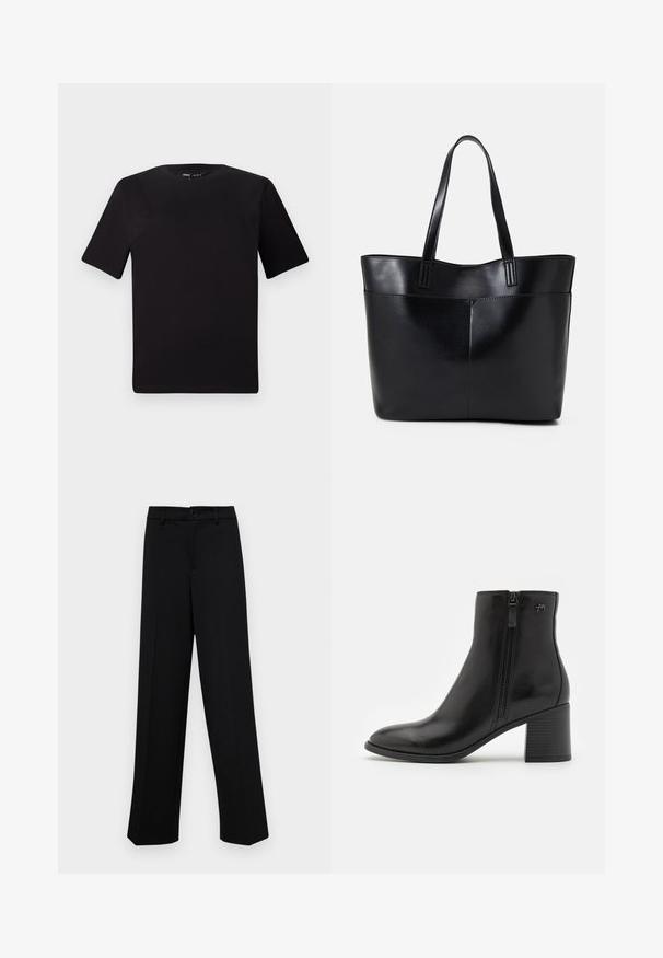 Crna majica kratkih rukava s okruglim izrezom, izrađena od mekane pamučne tkanine. Jednostavan dizajn, bez vidljivih logotipa ili uzoraka.; Crne široke hlače od glatkog materijala, s klasičnim pojasom koji se zatvara dugmetom i prednjim naborima.; Crne gležnjače napravljene od glatke kože s bočnim patentnim zatvaračem. Imaju oštar vrh i teksturiranu blok petu za stabilnost.; Crna kožna torba s dugim ručkama, glatkom teksturom i strukturiranim oblikom. Ima prednju džep za dodatno pohranu.