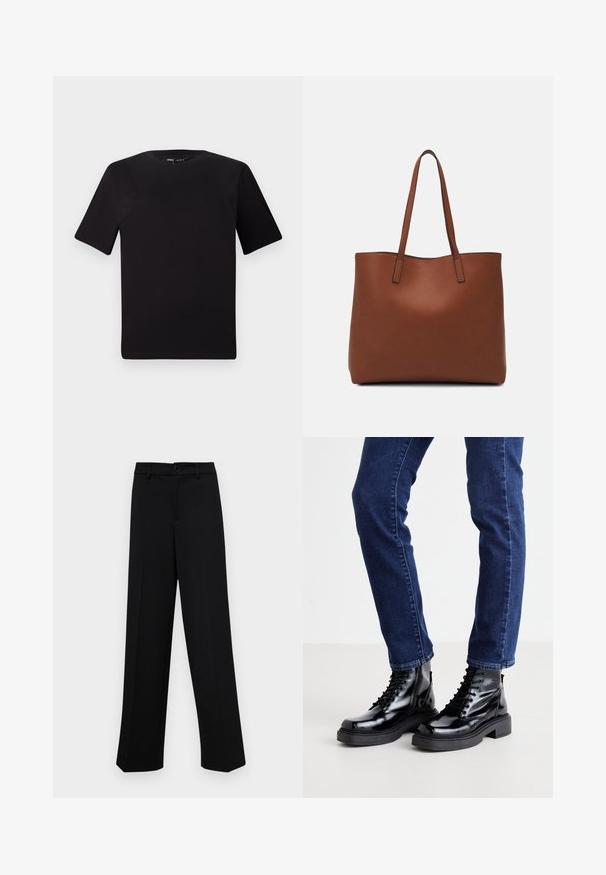 Black short-sleeve t-shirt with a round neckline, crafted from soft cotton fabric. Simple design, no visible logos or patterns.; Black wide-leg trousers made of smooth fabric, featuring a classic waistband with a button closure and front pleats.; Black glossy lace-up ankle boots with a chunky sole, featuring a smooth texture and rounded toes, worn with dark blue fitted jeans.; Brown leather tote bag with a smooth texture, open top design, and two shoulder straps. Features minimal stitching and no visible hardware.