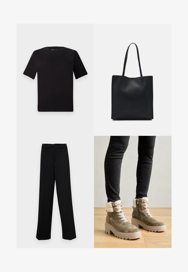 Black short-sleeve t-shirt with a round neckline, crafted from soft cotton fabric. Simple design, no visible logos or patterns.; Black wide-leg trousers made of smooth fabric, featuring a classic waistband with a button closure and front pleats.; Suede ankle boots in olive green with faux fur trim, silver hardware, and a chunky beige platform sole. Features laces and a side zipper.; Black leather tote bag with smooth texture, rectangular shape, and two long handles. No visible hardware or embellishments.