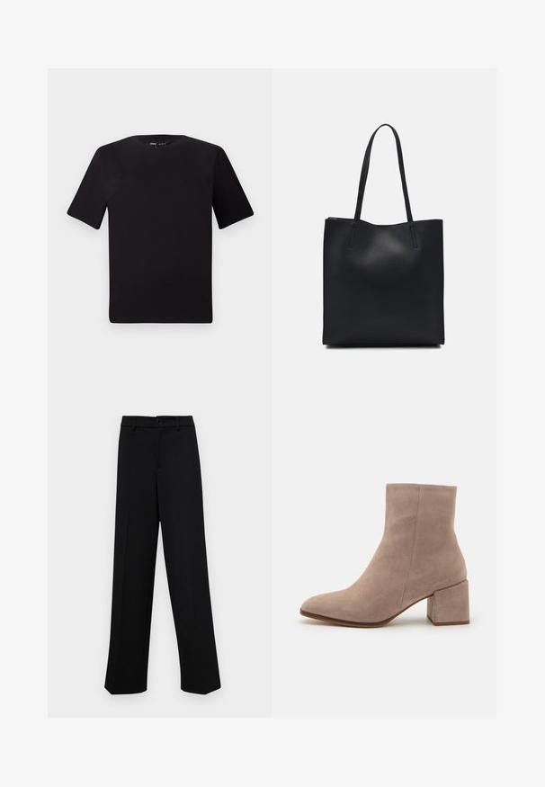 Fekete, rövid ujjú póló, kerek nyakkal, puha pamutból készült. Egyszerű dizájn, nincs látható logó vagy minta.; Fekete, széles szárú nadrág sima anyagból, klasszikus derékrésszel, gombzárral és elülső redőkkel.; Krémszínű velúr boka csizma, hegyes orral és masszív négyzetes sarkal. A felülete sima, puha tapintású és minimális részletezéssel rendelkezik.; Fekete bőrtáska sima felszínnel, téglalap alakú, két hosszú füllel. Nincs látható fémkiegészítő vagy díszítés.