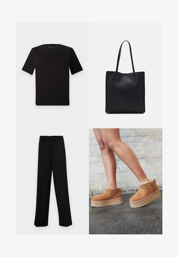 Black short-sleeve t-shirt with a round neckline, crafted from soft cotton fabric. Simple design, no visible logos or patterns.; Black wide-leg trousers made of smooth fabric, featuring a classic waistband with a button closure and front pleats.; Brown suede ankle boots with a plush lining, thick beige platform sole, and a rear pull tab. Textured surface with visible stitching details.; Black leather tote bag with smooth texture, rectangular shape, and two long handles. No visible hardware or embellishments.