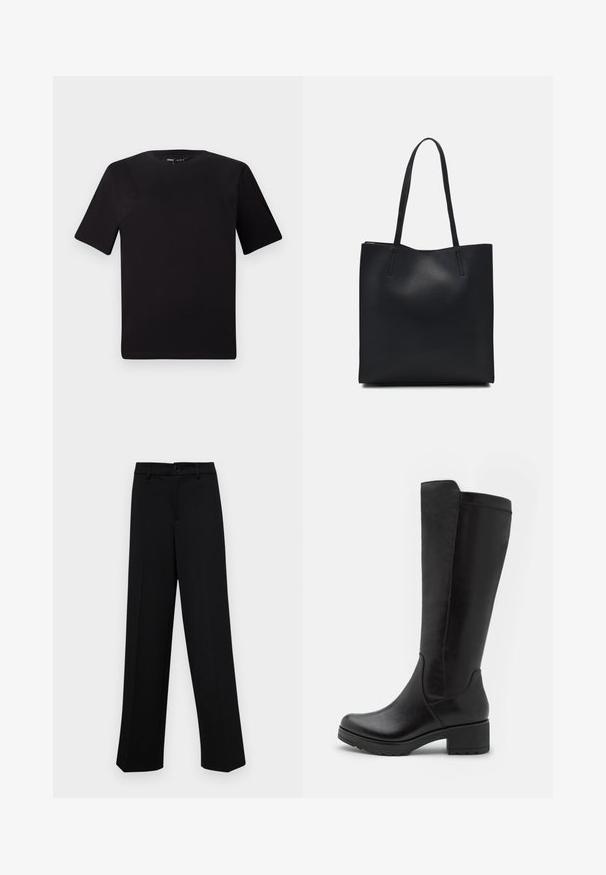 Camiseta negra de manga corta con cuello redondo, fabricada en suave algodón. Diseño simple, sin logos ni patrones visibles.; Pantalones de pierna ancha negros, hechos de un tejido suave, con una cintura clásica que incluye un cierre de botón y pliegues frontales.; Botas negras hasta la rodilla de cuero liso, con un tacón cuadrado, punta redondeada y un diseño elegante y ajustado sin adornos.; Bolso tote de cuero negro con textura lisa, forma rectangular y dos asas largas. Sin herrajes ni adornos visibles.