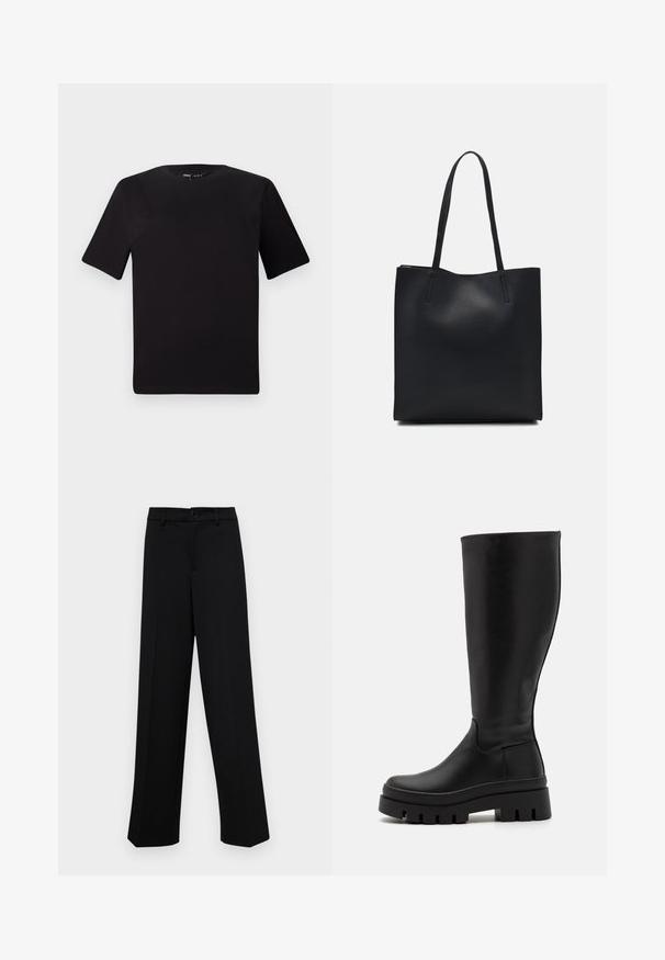 Tricou scurt negru cu mânecă scurtă și guler rotund, realizat dintr-un material de bumbac moale. Design simplu, fără logo-uri sau modele vizibile.; Pantaloni negri cu croi larg, dintr-un material neted, având un talie clasică cu închidere prin buton și plisuri frontale.; Even&Odd Cizme cu platformă - black; Geantă tote neagră din piele, cu textură netedă, formă rectangulară și două mânere lungi. Fără hardware vizibil sau ornamente.